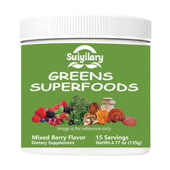 Suiyilary Greens Superfoods Powder bottle with mango flavor supports daily digestion.