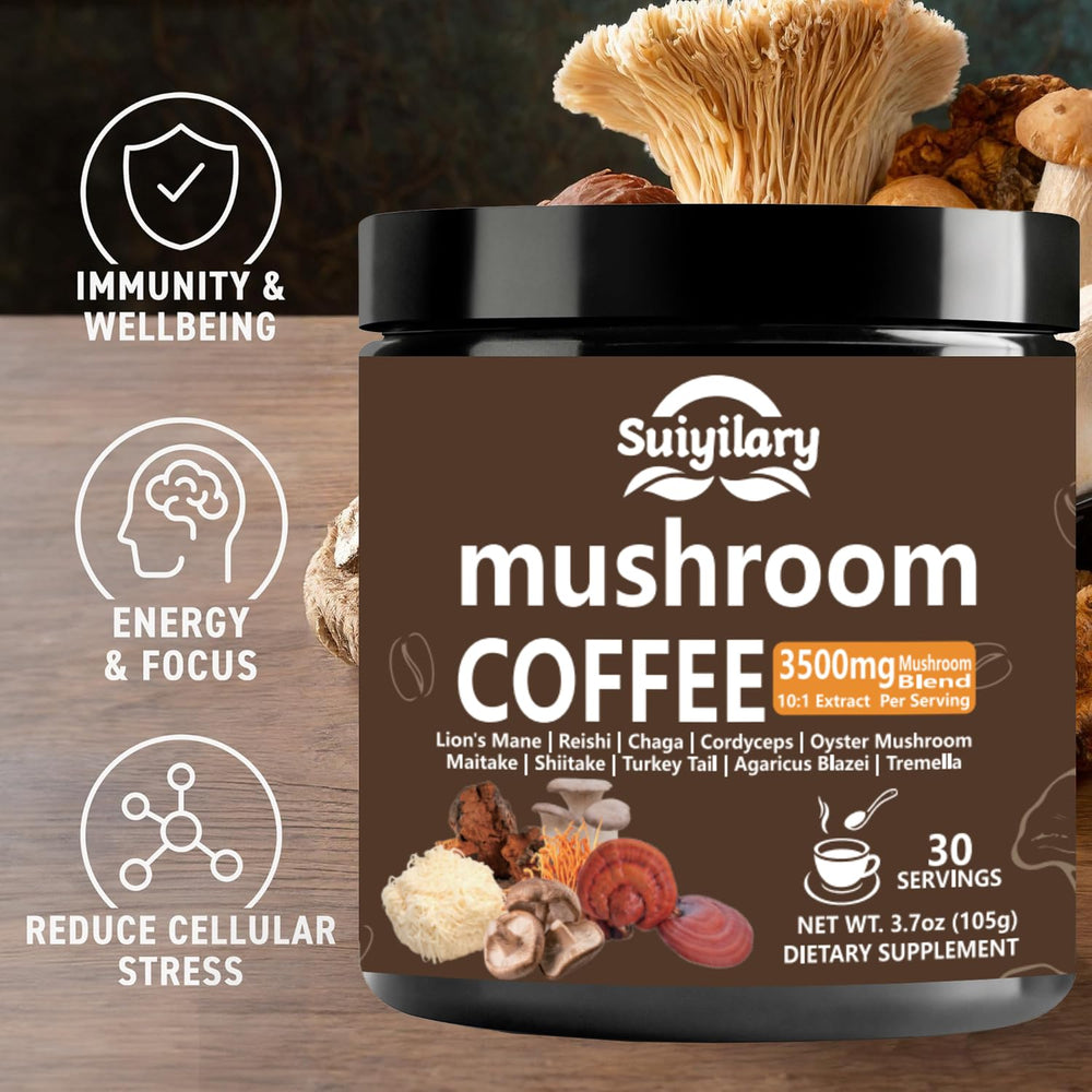 Suiyilary Lion’s Mane and Reishi close-up signaling cognitive-support notes.