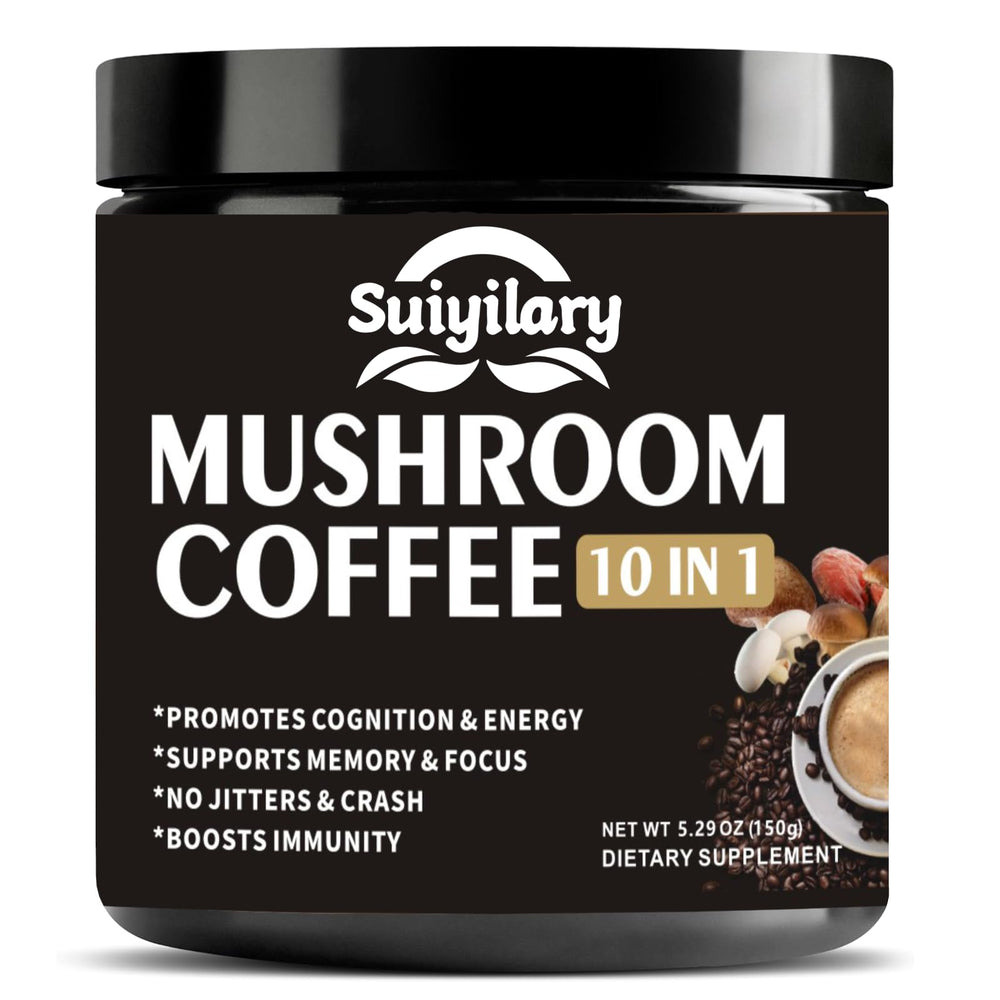 Suiyilary Mushroom Coffee packaging shows the 10-mushroom blend for daily energy