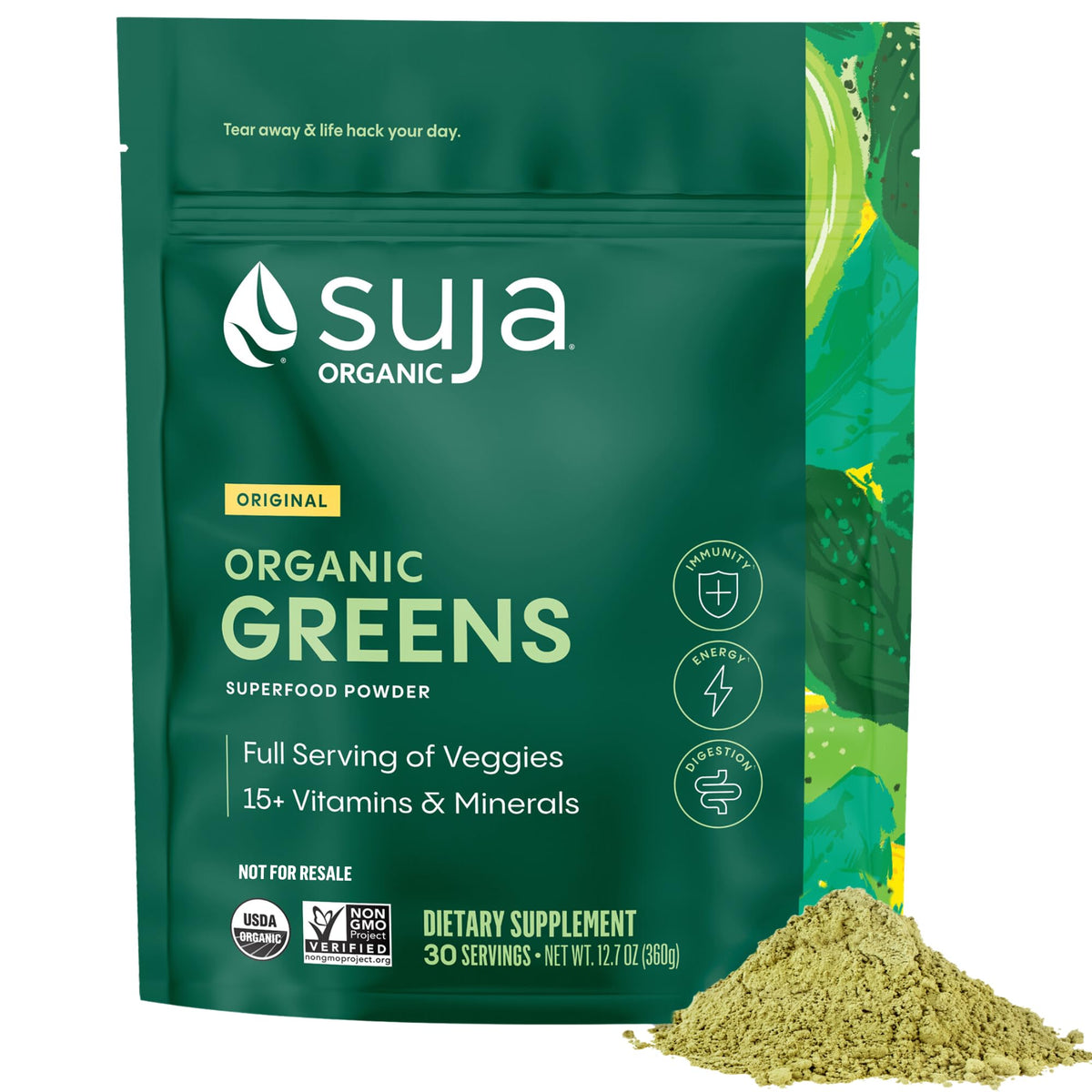 Suja Organic Greens Powder bag front showing a clean greens blend for daily nutrition.