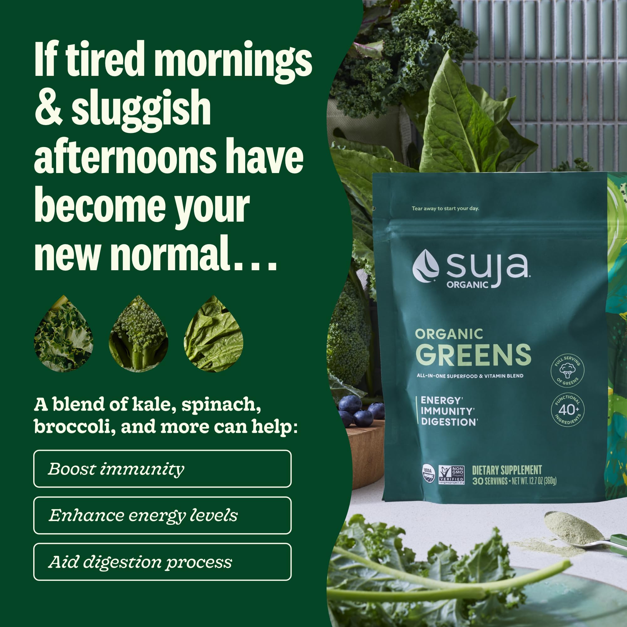 Suja Organic Greens Powder probiotic blend emphasizes digestion-friendly formulation.