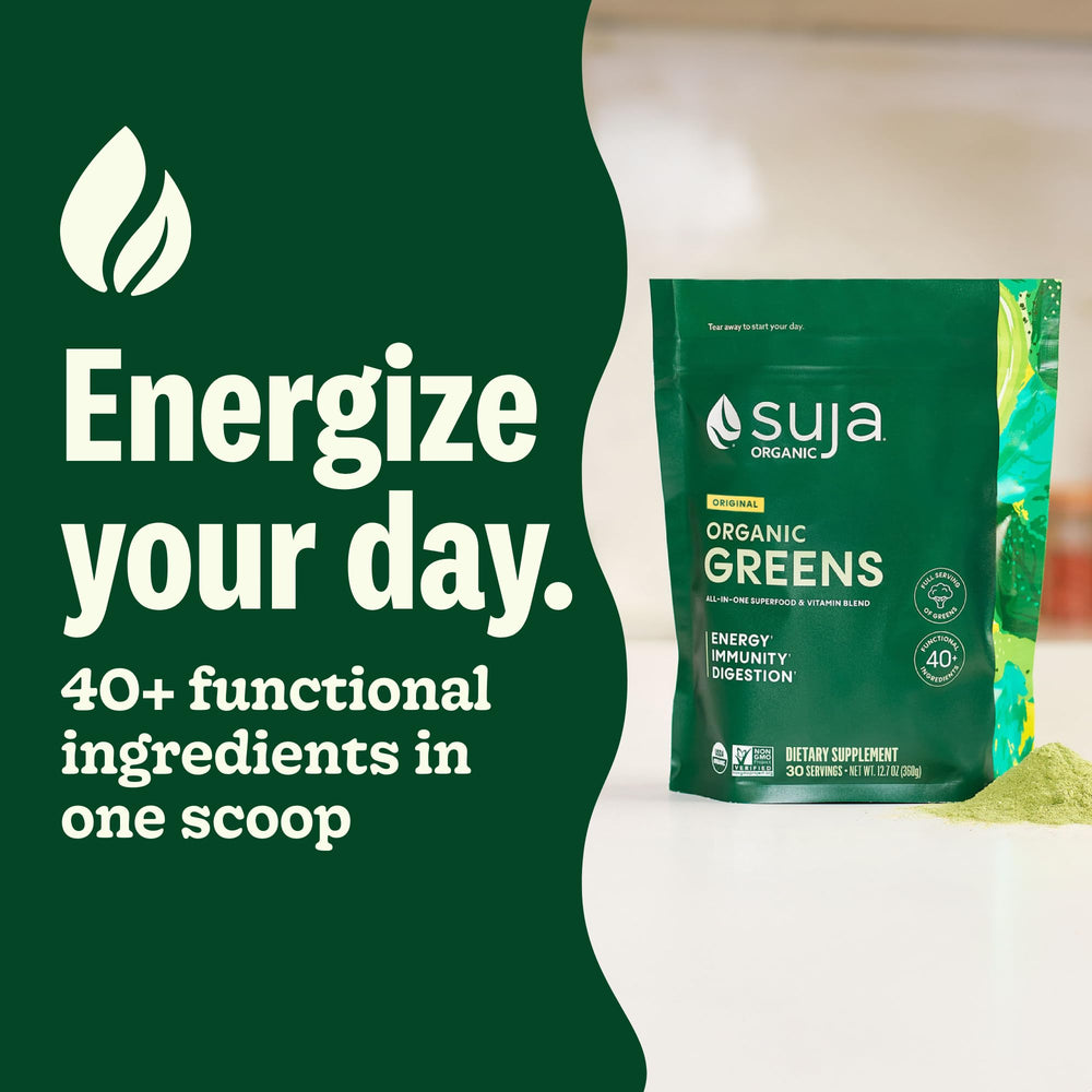 Suja Organic Greens Powder scoop in water illustrating easy daily mix.