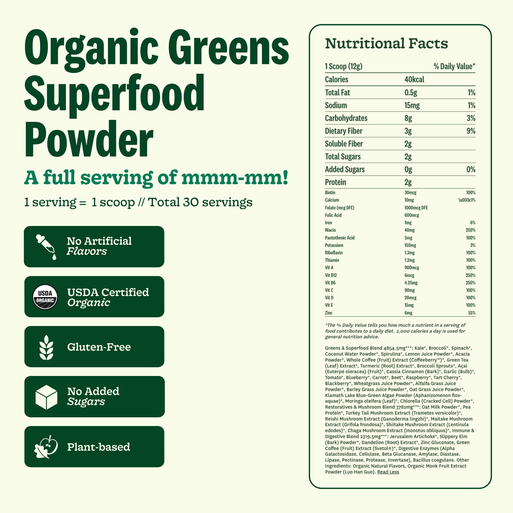 Suja Organic Greens Powder label shows vegan and gluten-free certification.