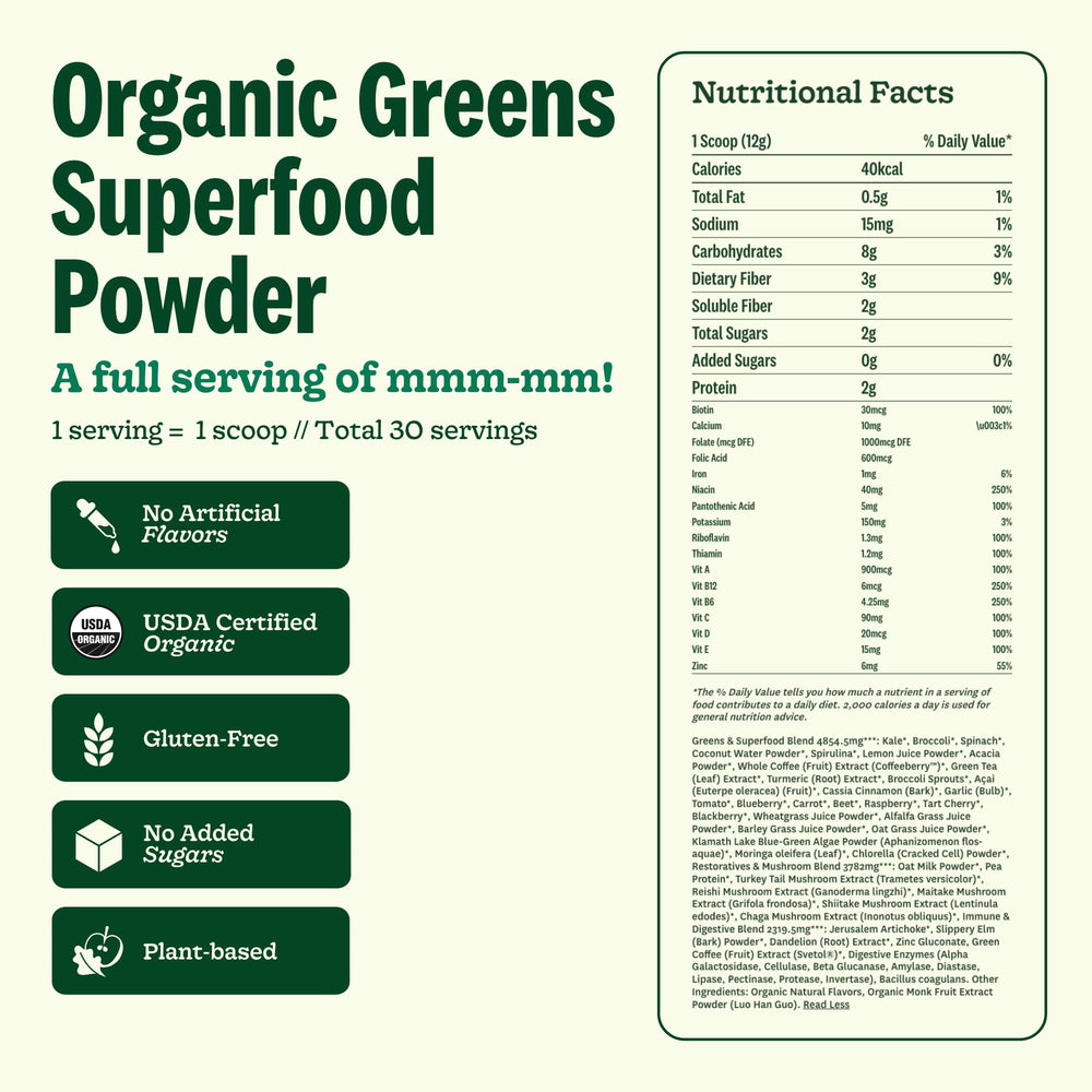 Suja Organic Greens Powder label shows vegan and gluten-free certification.