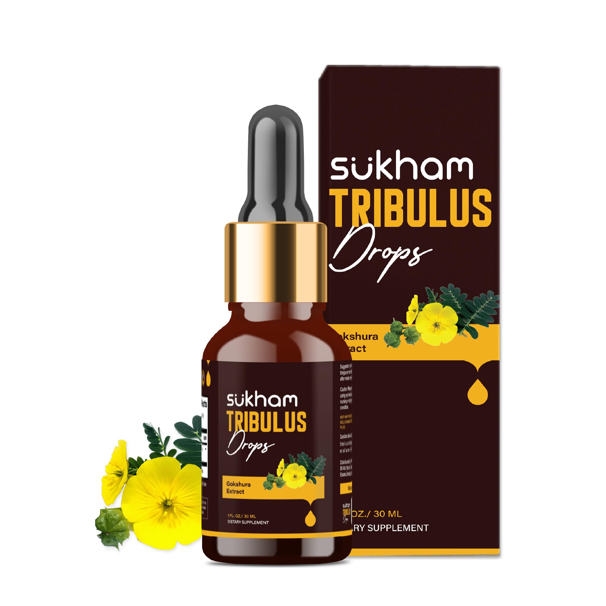 Sukham TTT-120 bottle label showing alcohol-free Tribulus drops.
