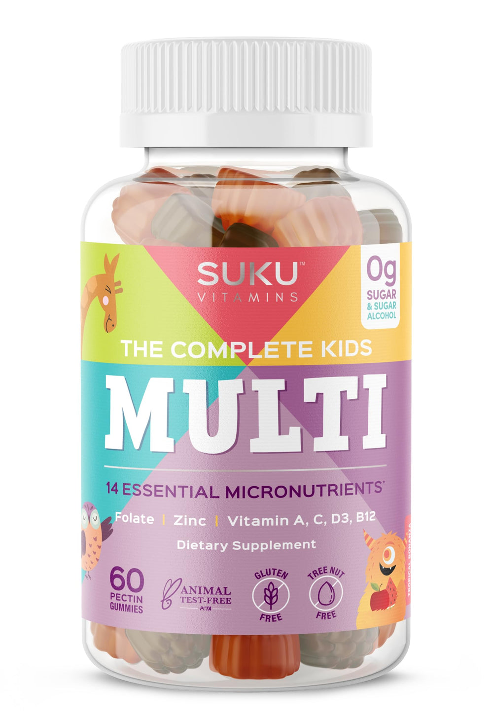 SUKU Complete Kids Multivitamin Gummies bottle front, tropical flavor for daily immunity.