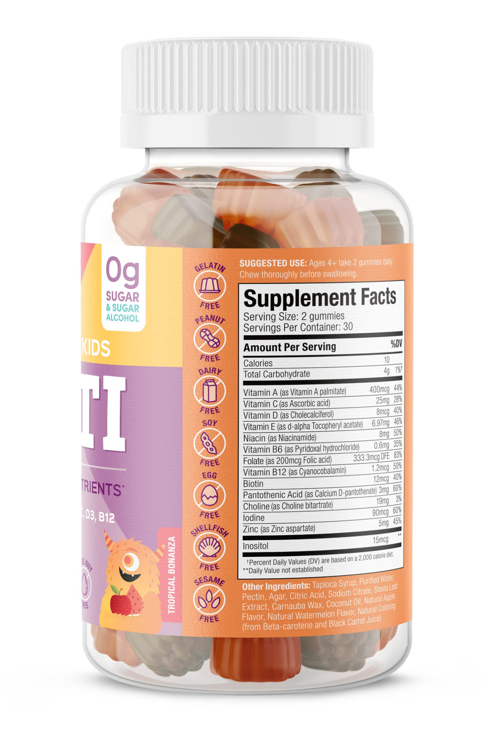 SUKU Complete Kids Multivitamin Gummies bottle side, sugar-free formula emphasis.