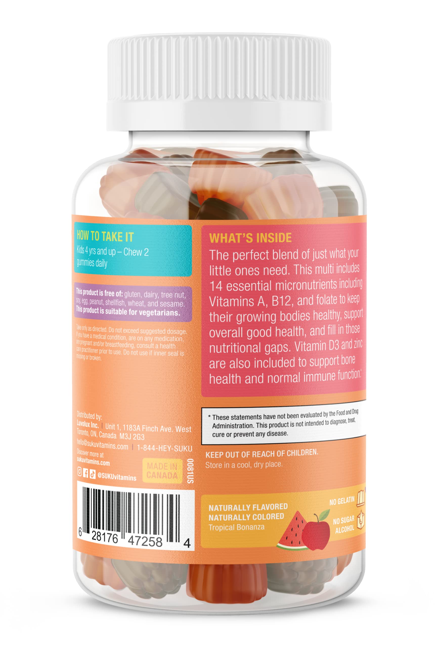SUKU Complete Kids Multivitamin Gummies close-up, colorful gummies for daily nutrition.
