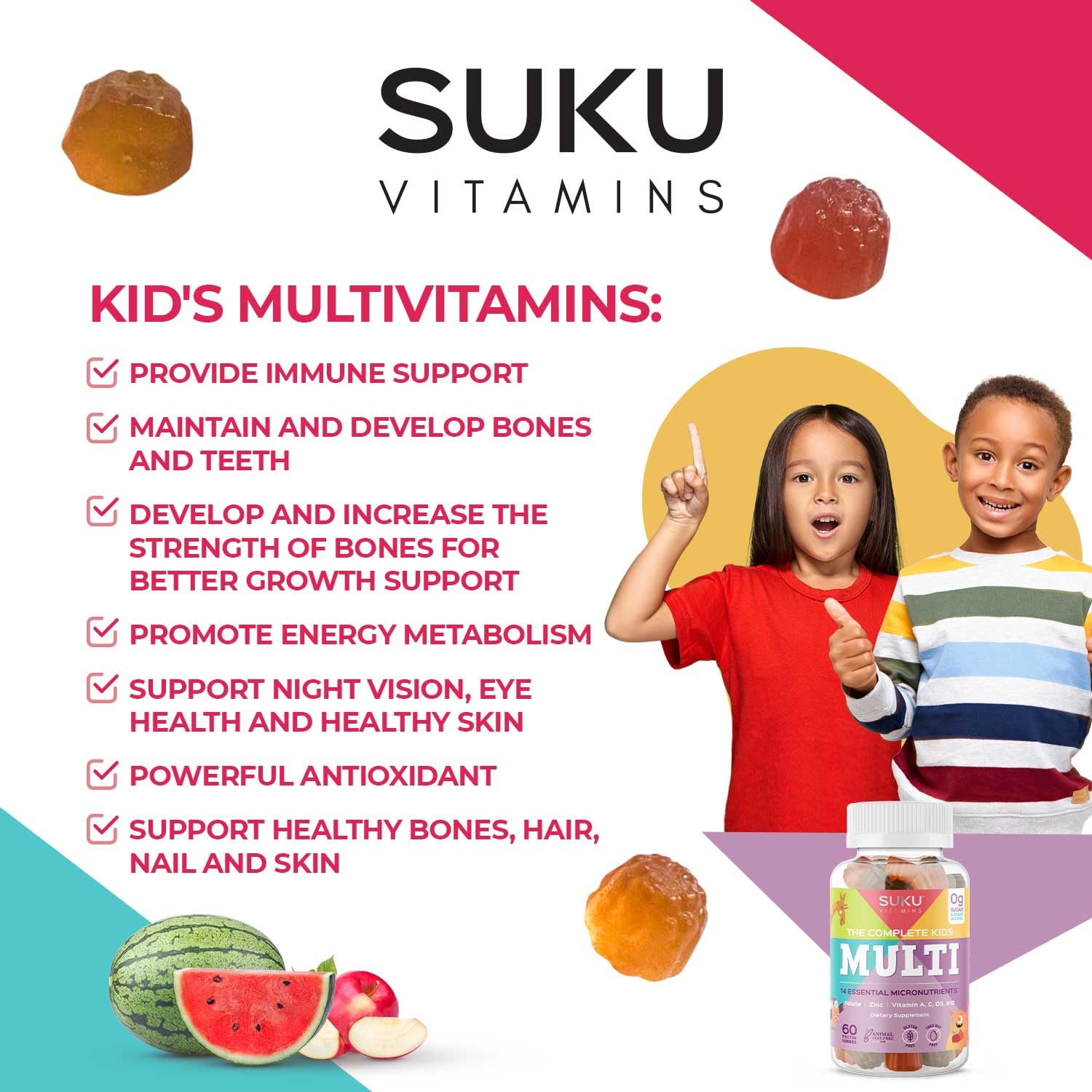 SUKU gummies made with pectin, free from common allergens.