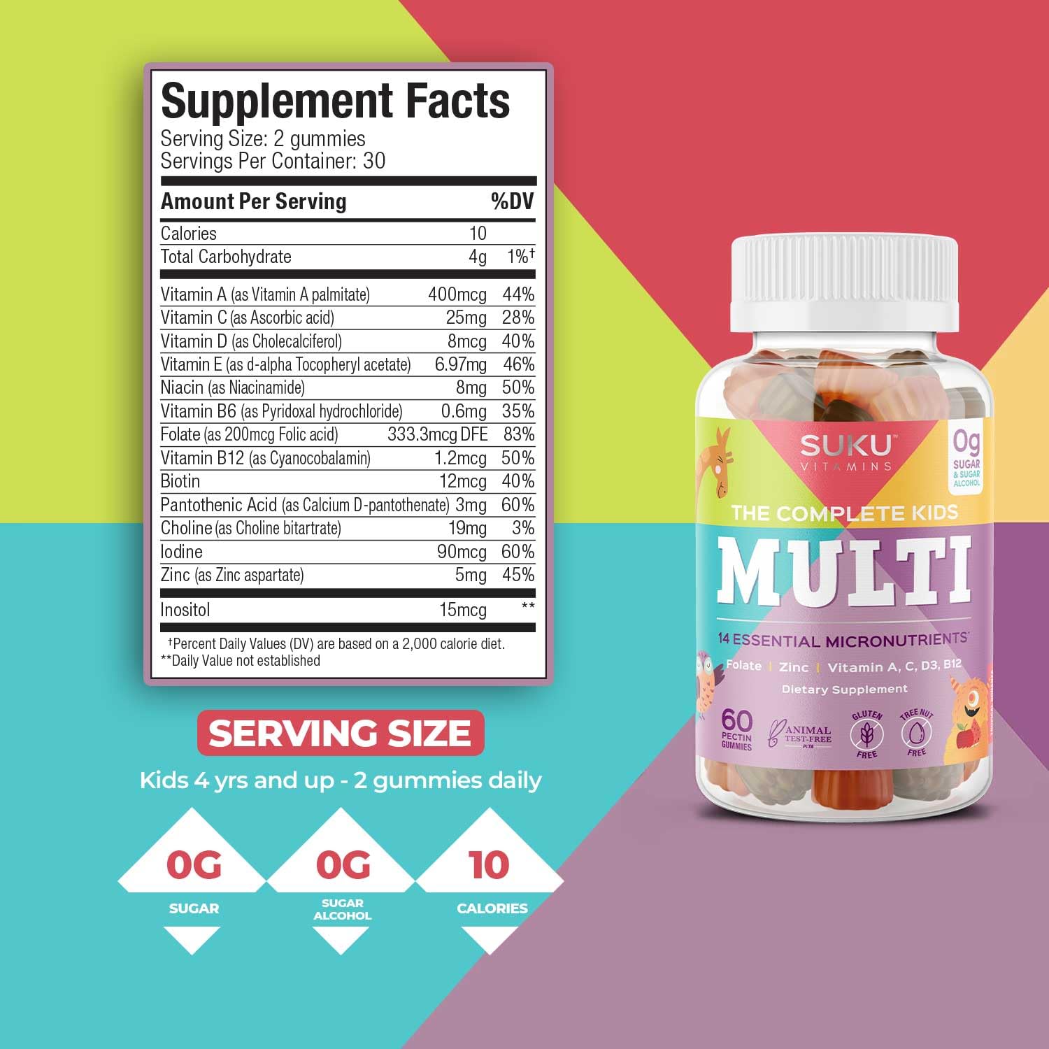 SUKU tropical-flavored gummies, kid-approved daily vitamins for immune support.