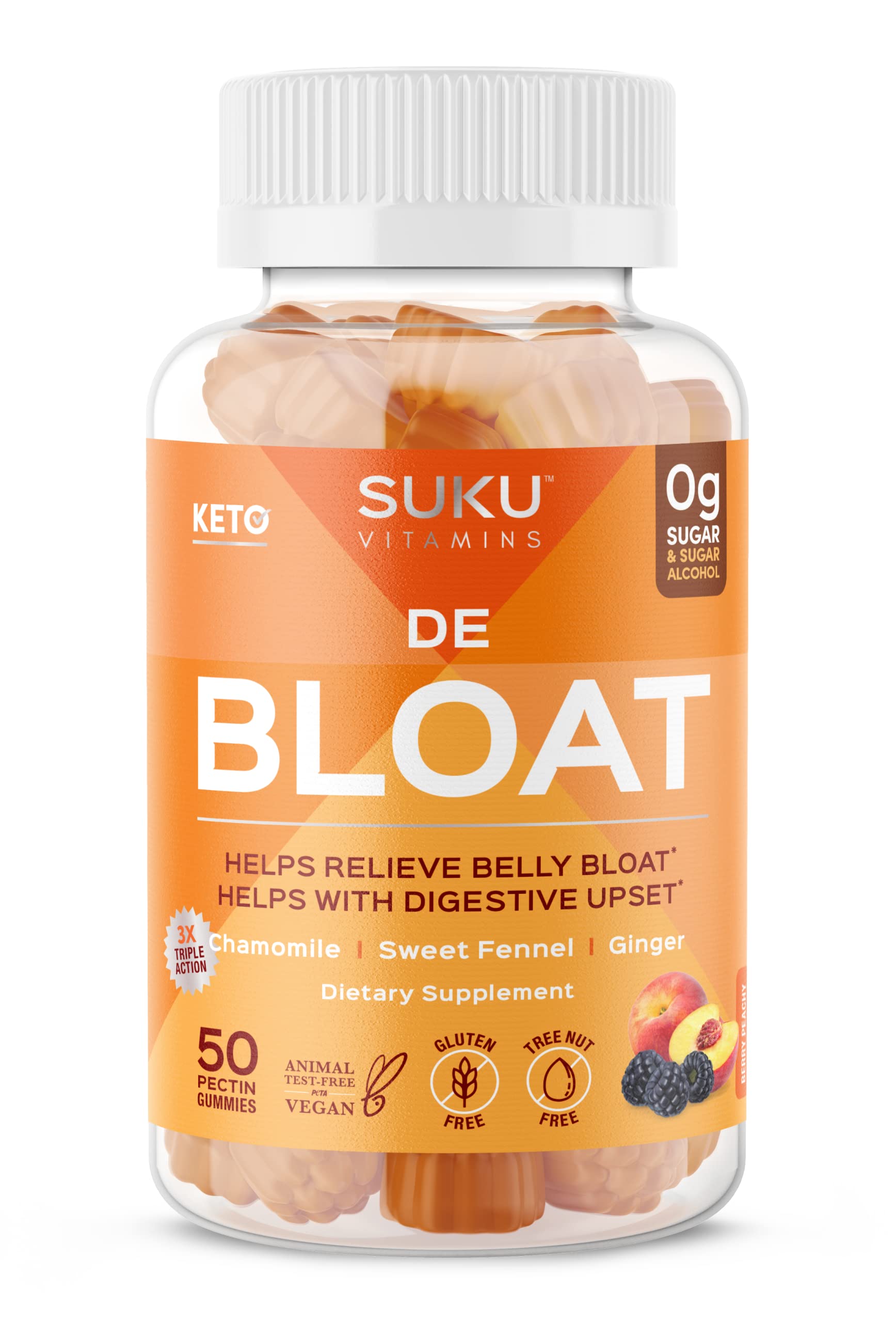 SUKU Debloat bottle close-up showing easy-to-take capsules for gentle digestive comfort