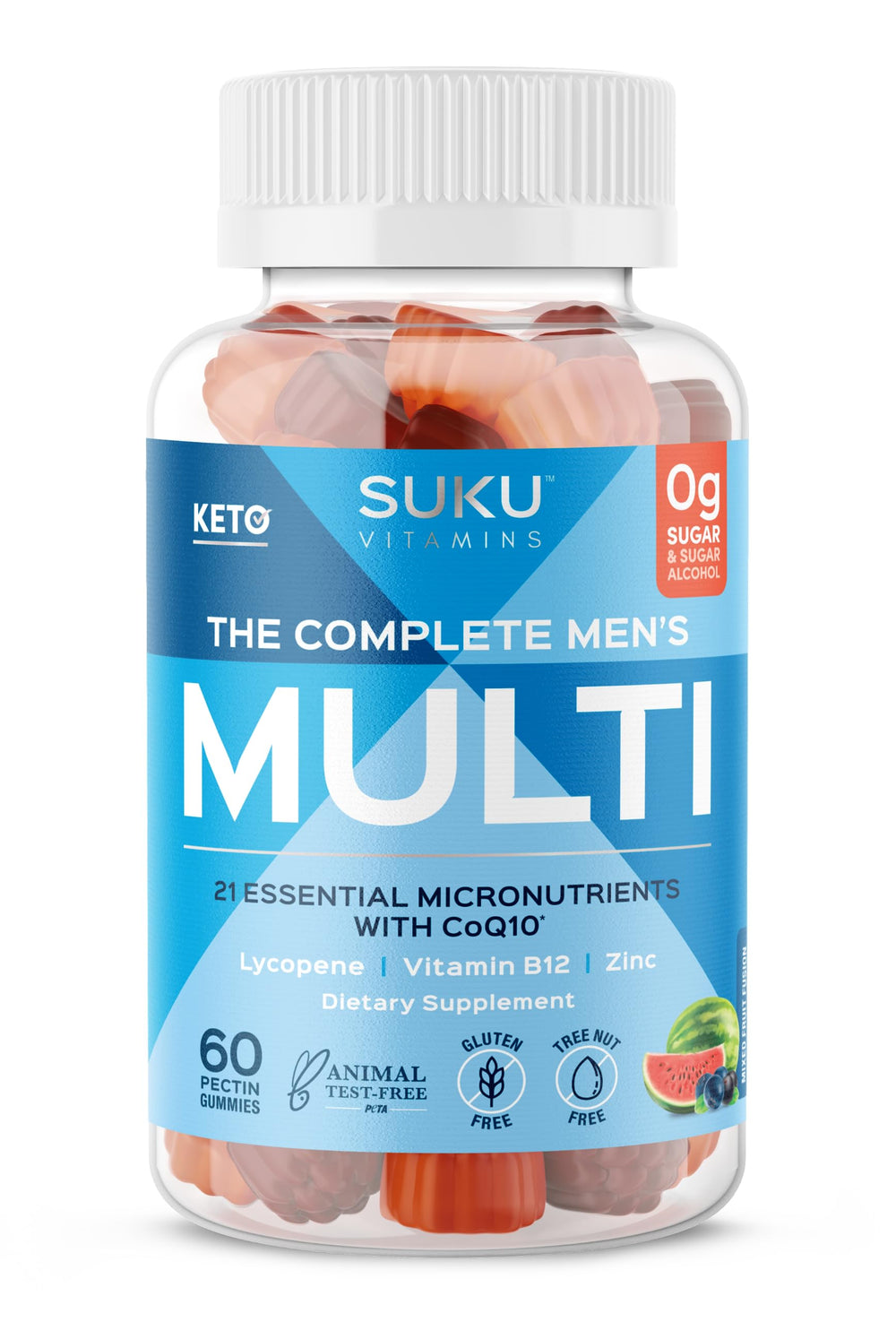 SUKU men's daily multivitamin gummies bottle front for easy daily nutrition.