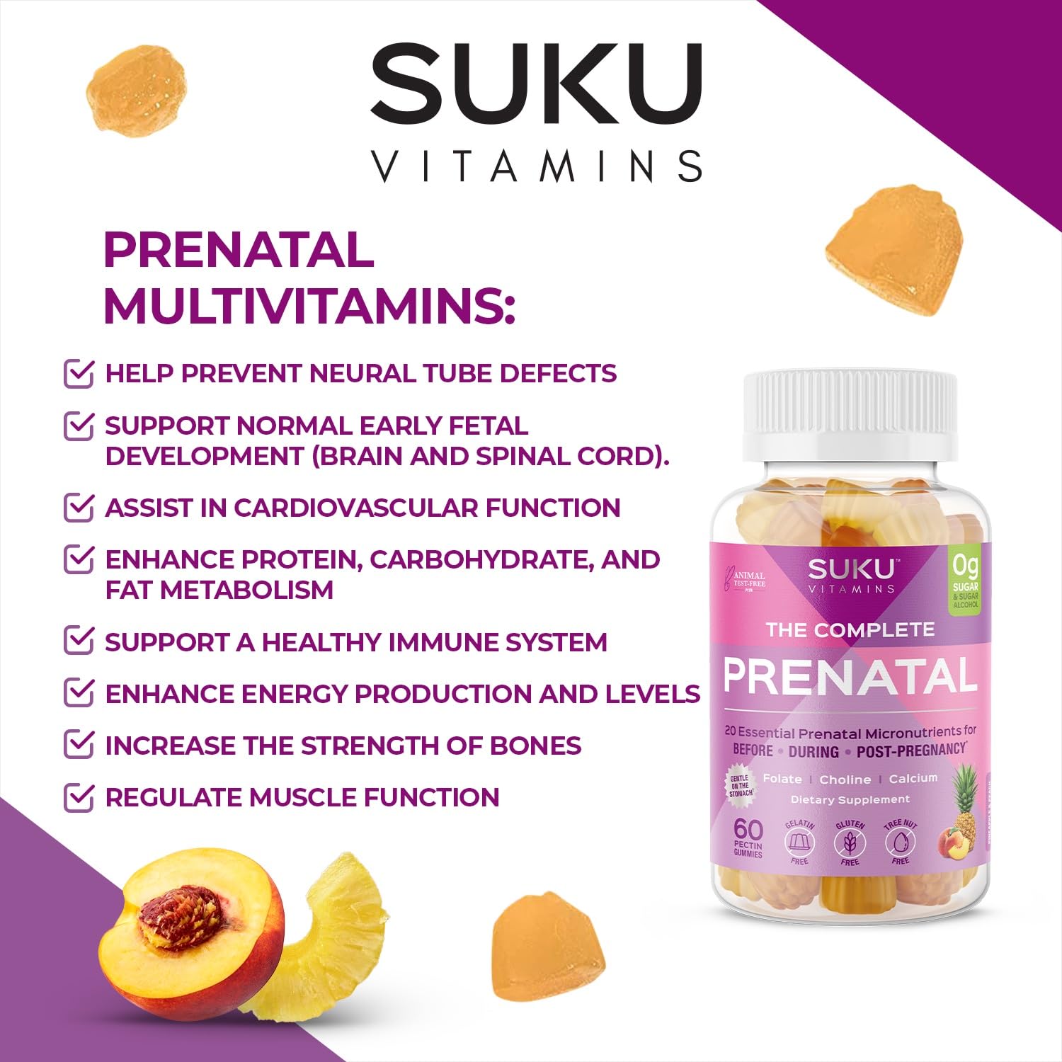 SUKU Prenatal Gummies close-up of colorful chewables for vegetarian option