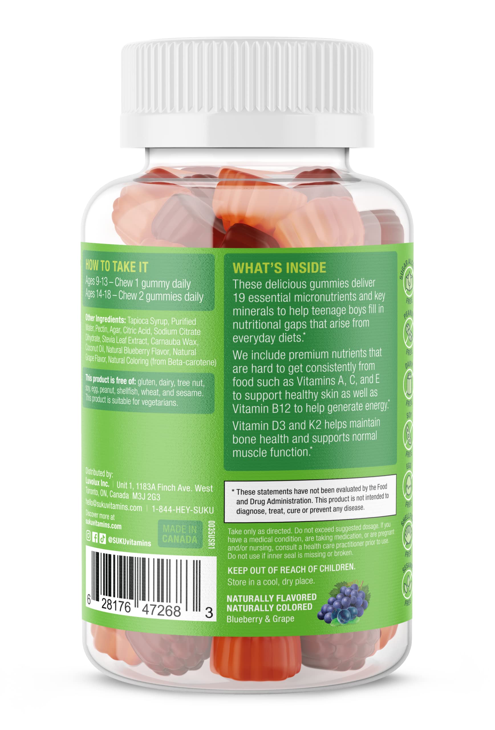 Front view of the 60-count SUKU bottle packaging for daily teen nutrition.
