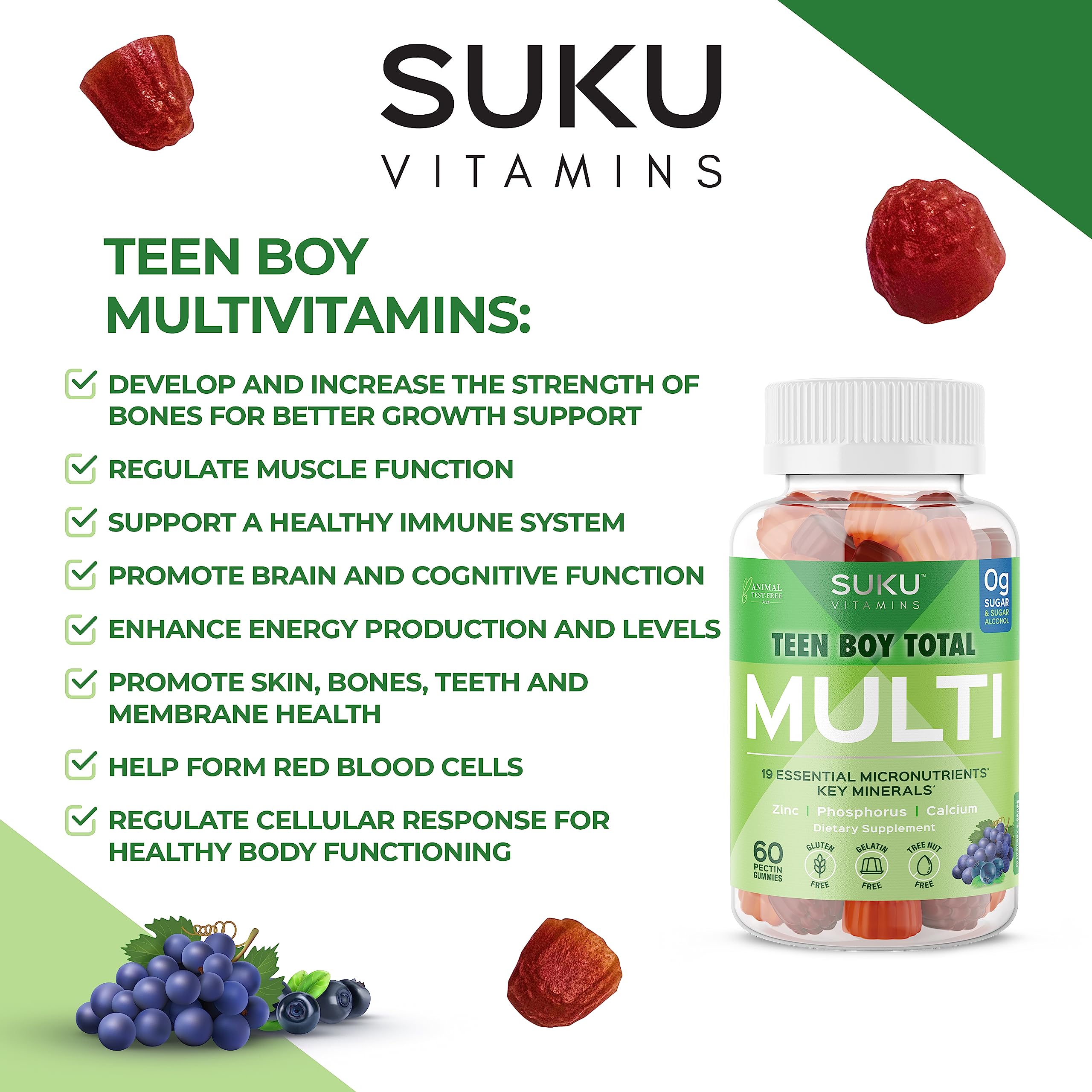 Ingredient list featuring plant-based pectin for vegetarian-friendly gummies.