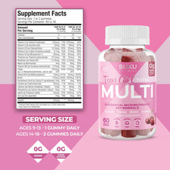 SUKU Teen Girl Multivitamin Gummies sugar-free label close-up; keto-friendly daily wellness support.