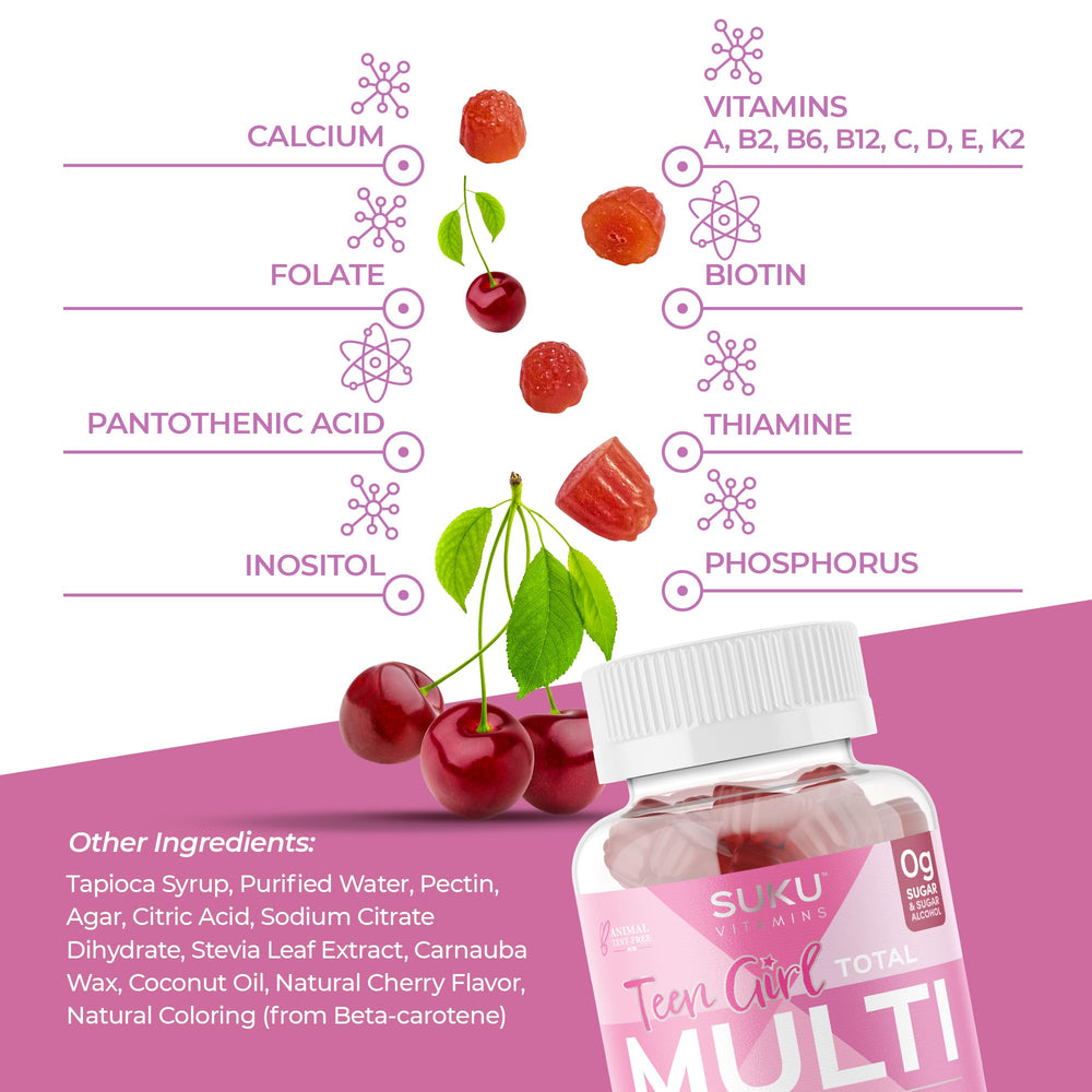 SUKU Teen Girl Multivitamin Gummies vegetarian formula bottle showcases plant-based nutrition.