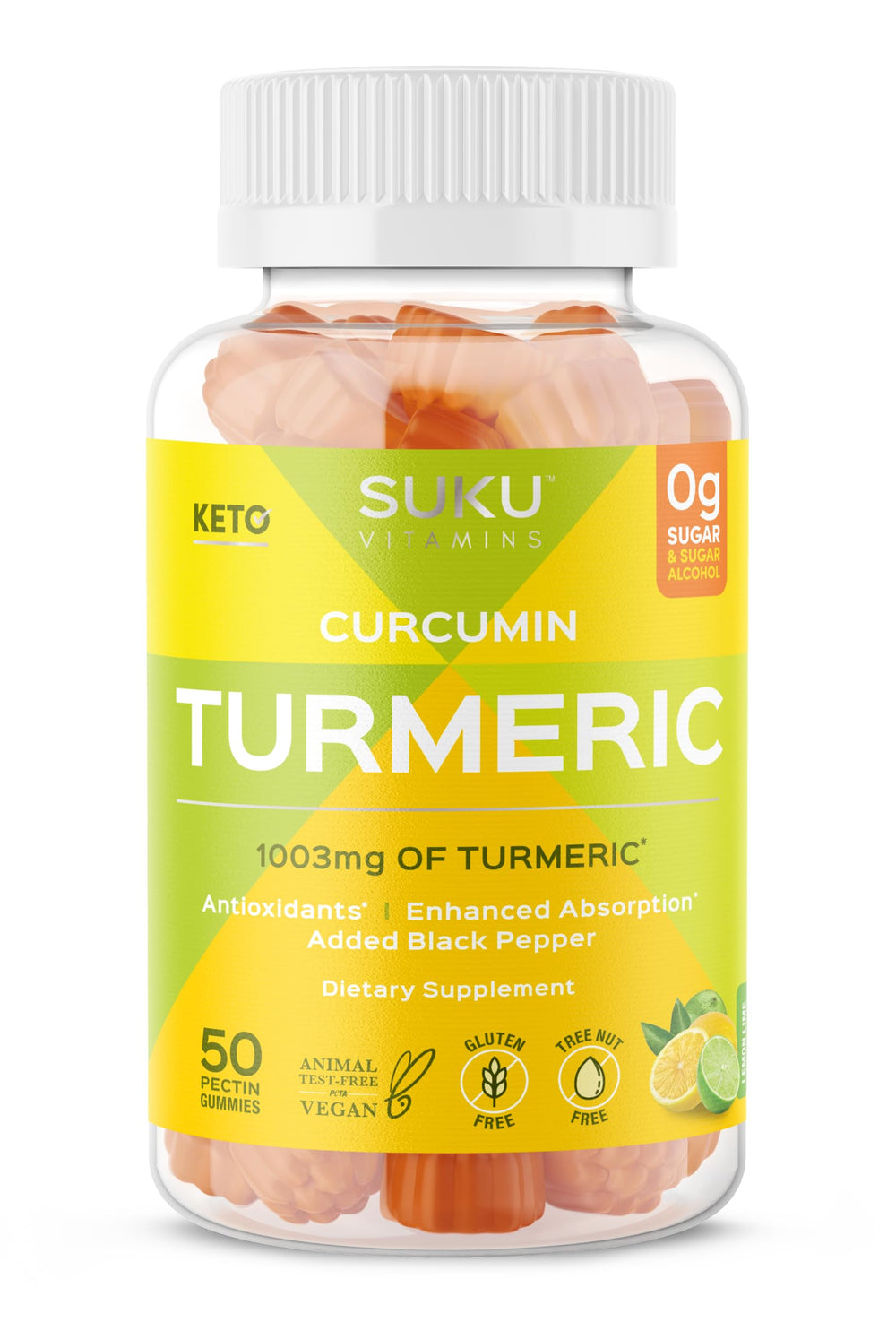 SUKU turmeric curcumin gummies lemon lime bottle for daily support