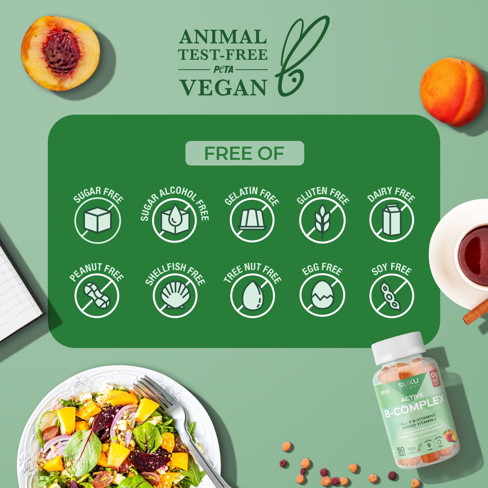 Cruelty-free badge on SUKU gummies branding indicates ethical testing practices.