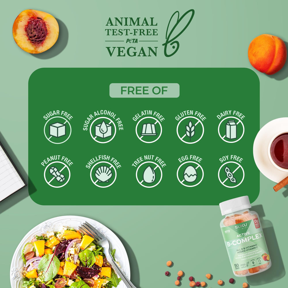 Cruelty-free badge on SUKU gummies branding indicates ethical testing practices.