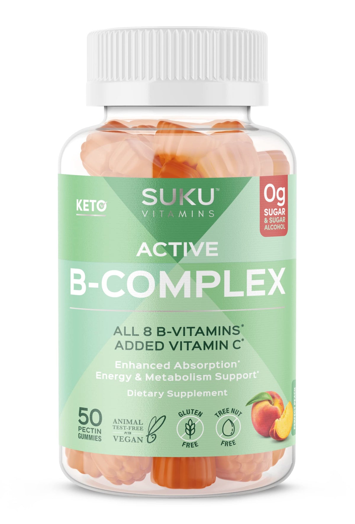 SUKU Vitamin B Complex Gummies peach bottle shown for daily energy support.