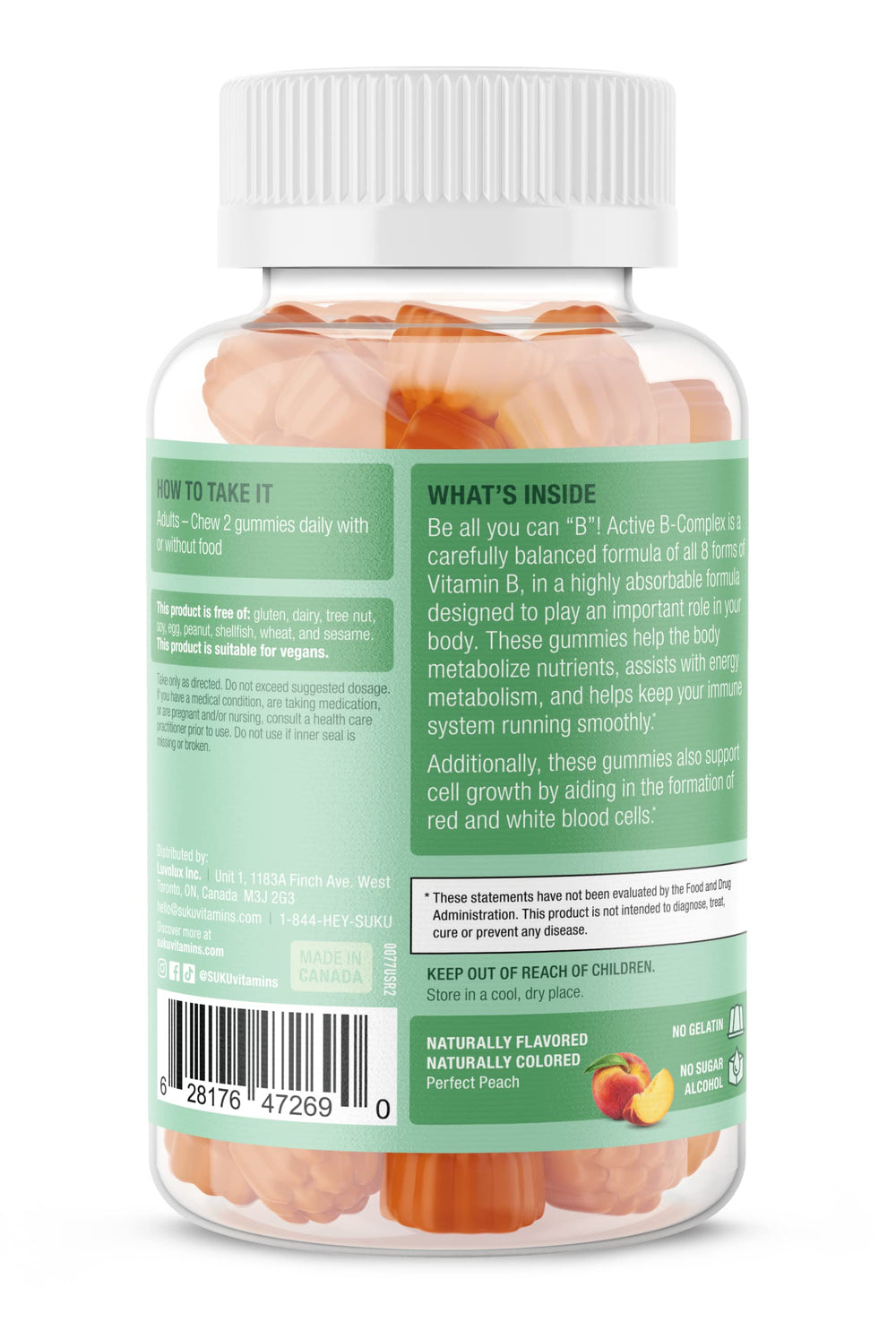 SUKU Vitamin B Complex Gummies label emphasizes vegan and sugar-free formula.