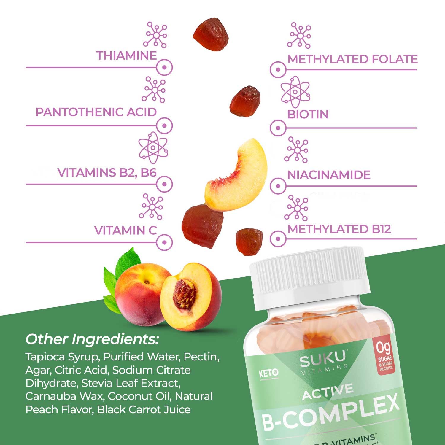 Gummies pouring from the bottle illustrate portion control and serving size.