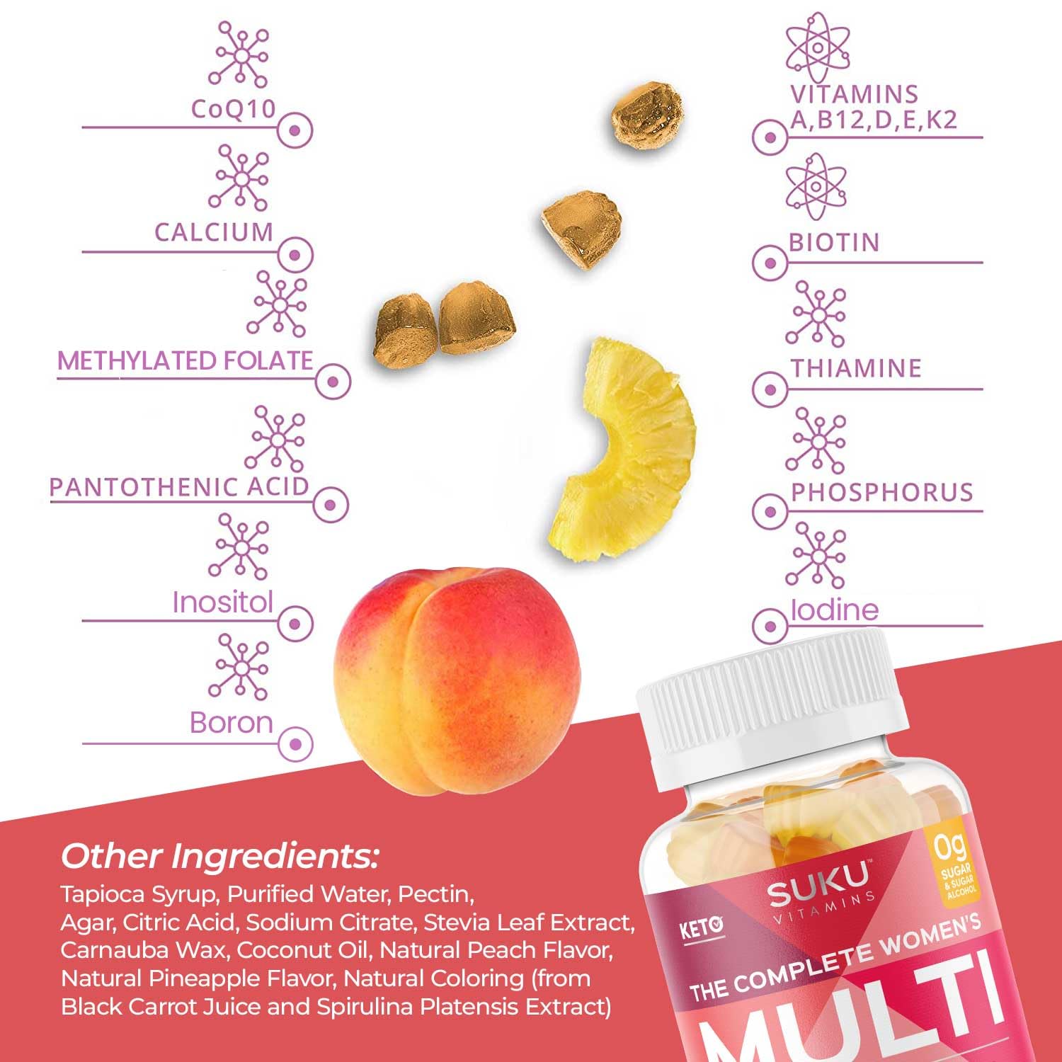 SUKU pineapple-peach gummies offer gluten-free, non-GMO profile