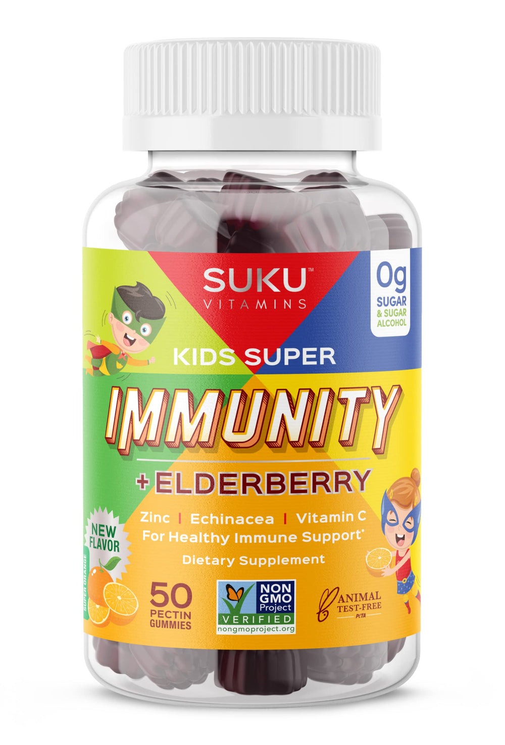 SUKU Vitamins Kids Super Immunity elderberry bottle highlighting immune support.