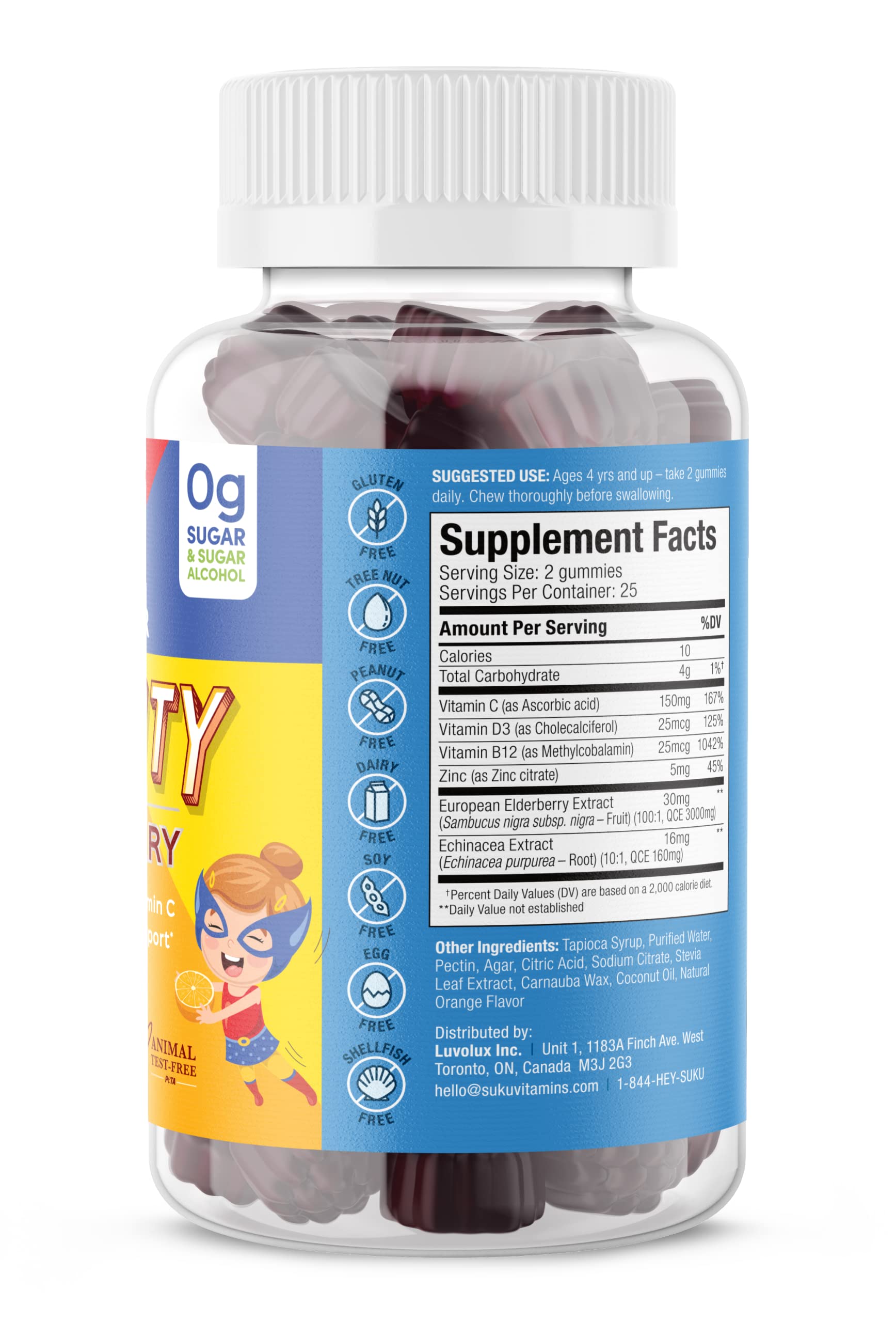 SUKU Kids Immunity packaging displays gluten-free and non-GMO attributes.