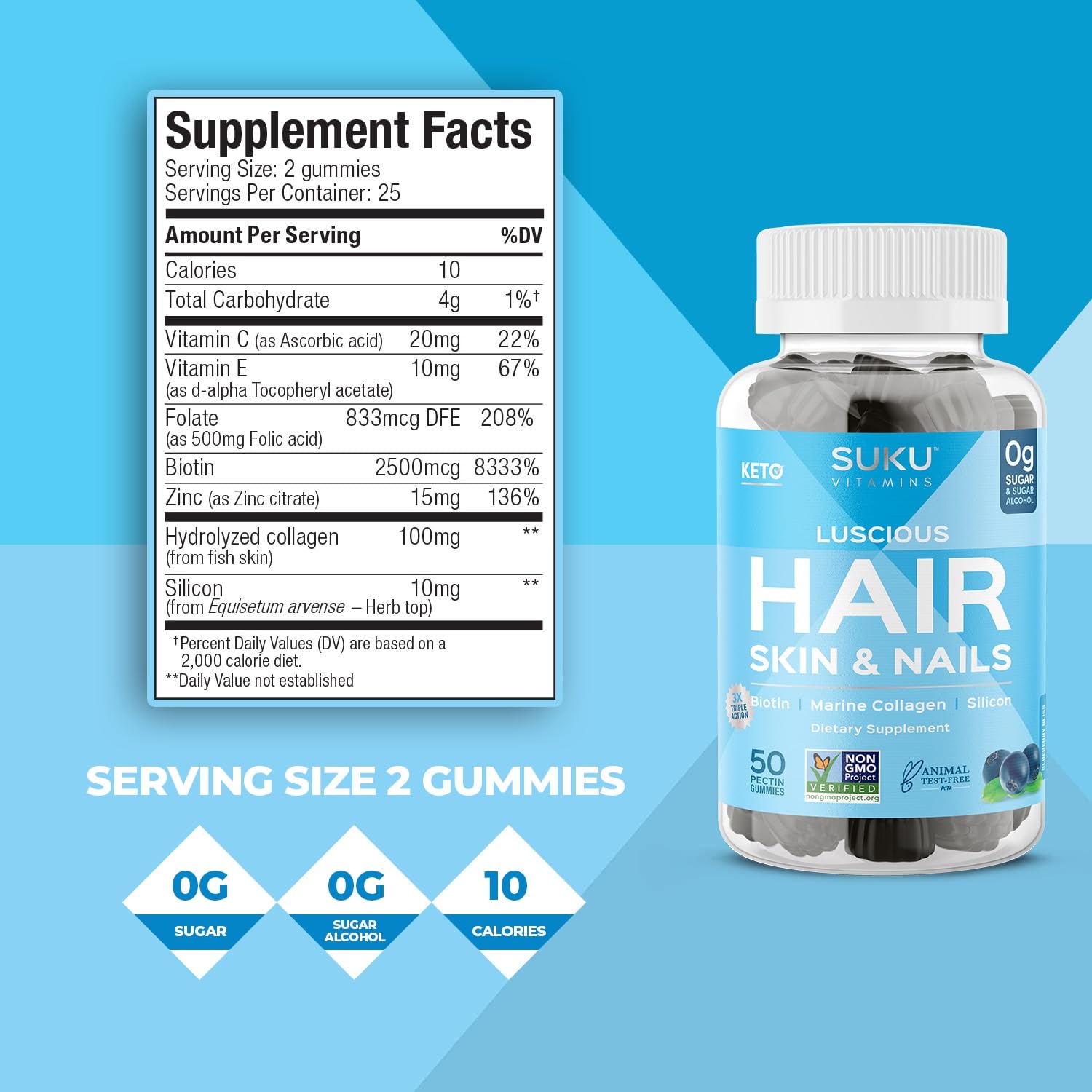Blueberry-flavored SUKU Luscious Hair gummies jar close-up