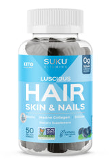 SUKU Luscious Hair bottle with blueberry gummies in front, promoting hair and skin benefits