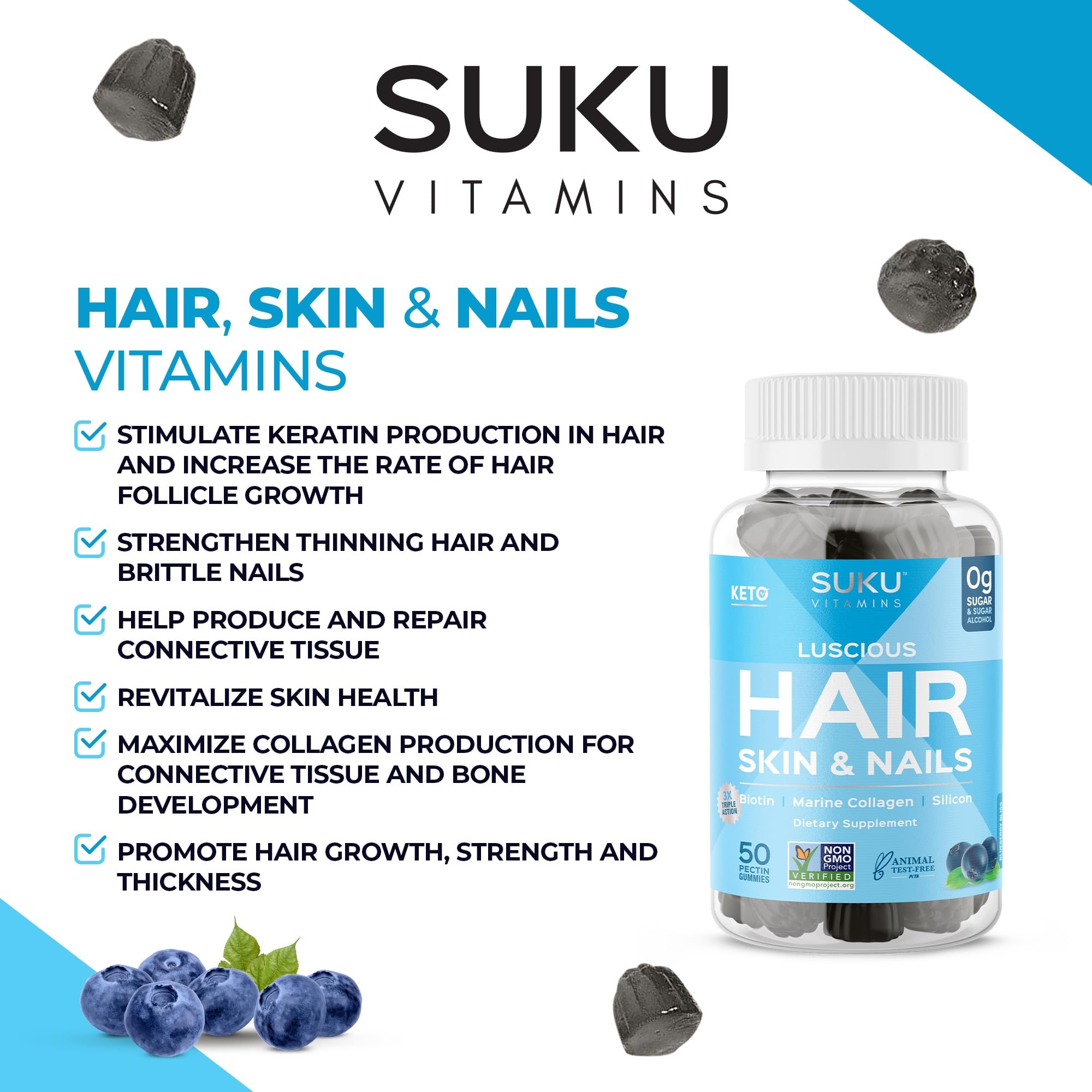 Ingredients graphic for silicon, biotin, and marine collagen in SUKU Luscious Hair