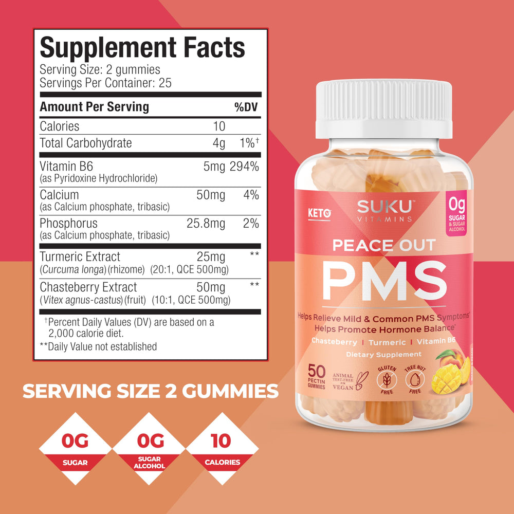 SUKU PMS gummies with Peach Mango provide convenient relief for premenstrual symptoms.
