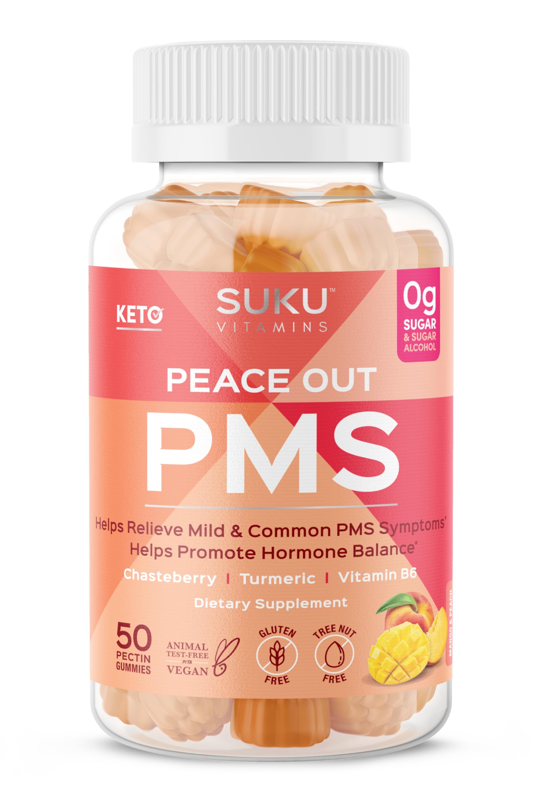 SUKU Vitamins PMS Gummy bottle highlighting Peach Mango flavor and hormonal balance benefits.