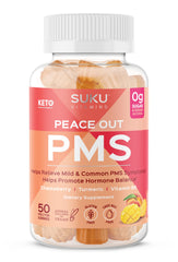 SUKU Vitamins PMS Gummy bottle highlighting Peach Mango flavor and hormonal balance benefits.