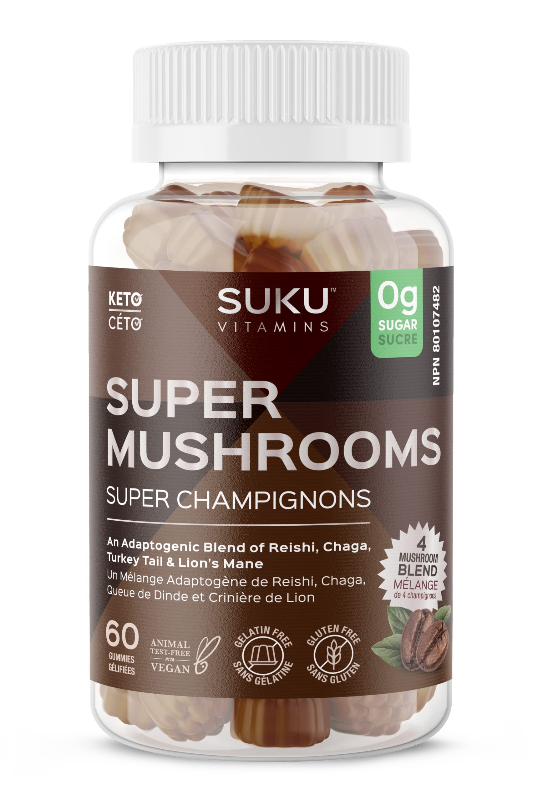 SUKU Vitamins Super Mushroom Gummies bottle front for convenient daily immune support.