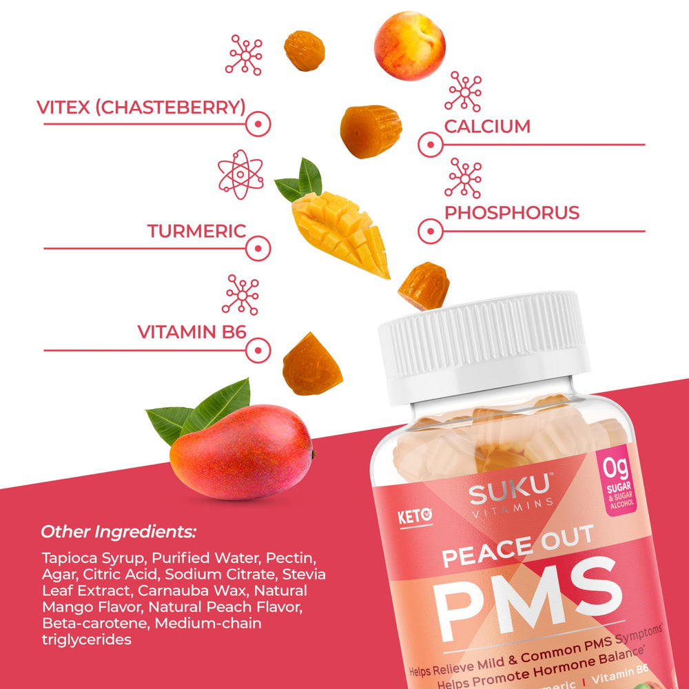 SUKU Vitamin gummies featuring Vitex chasteberry per serving for potential hormonal balance.
