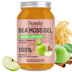 SumDIP Sea Moss Gel Apple Cinnamon bottle shows convenient daily serving for immune and digestive support.