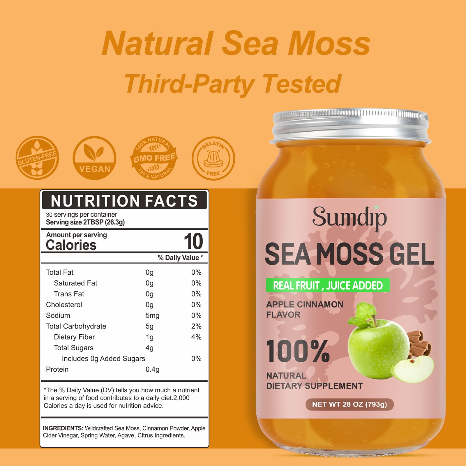 SumDIP Sea Moss Gel Apple Cinnamon spoon highlights easy mixing into smoothies for energy-friendly nutrition.