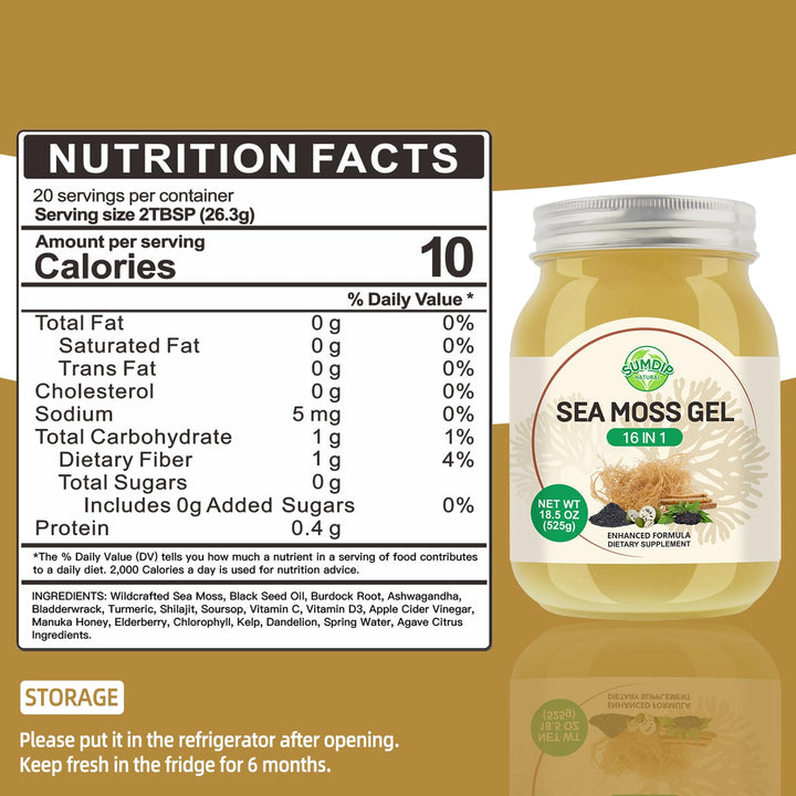 SumDIP Sea Moss Gel bottle close-up shows 16-in-1 formula for versatile nutrition.