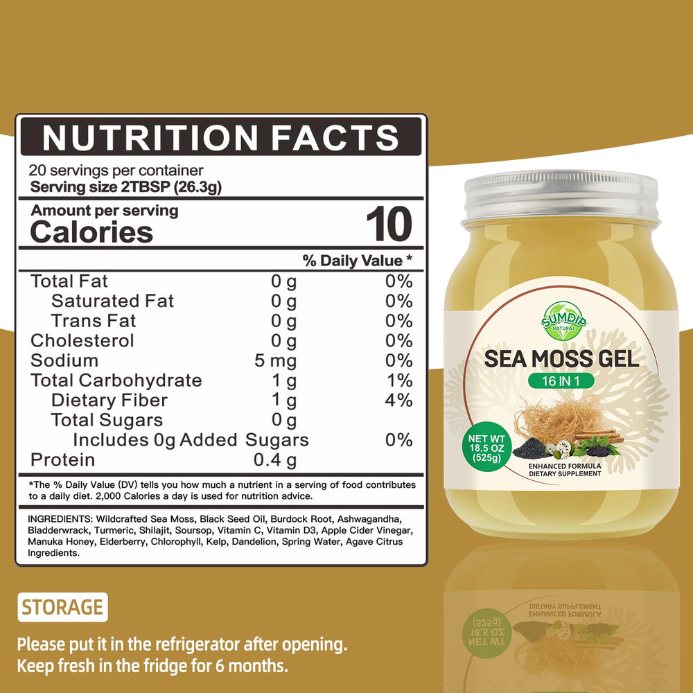 SumDIP Sea Moss Gel bottle close-up shows 16-in-1 formula for versatile nutrition.