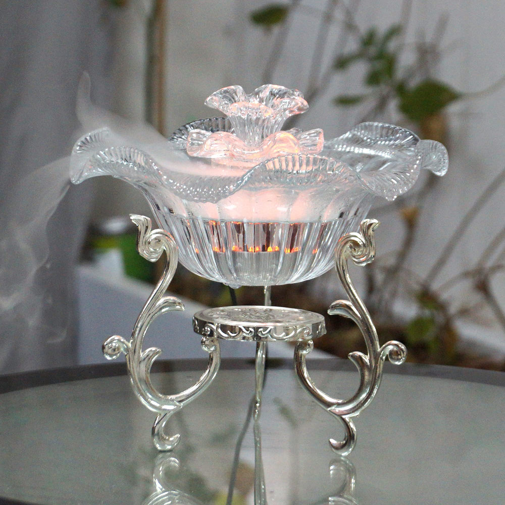 SUMGREEN desktop water fountain clear angle front with calming mist