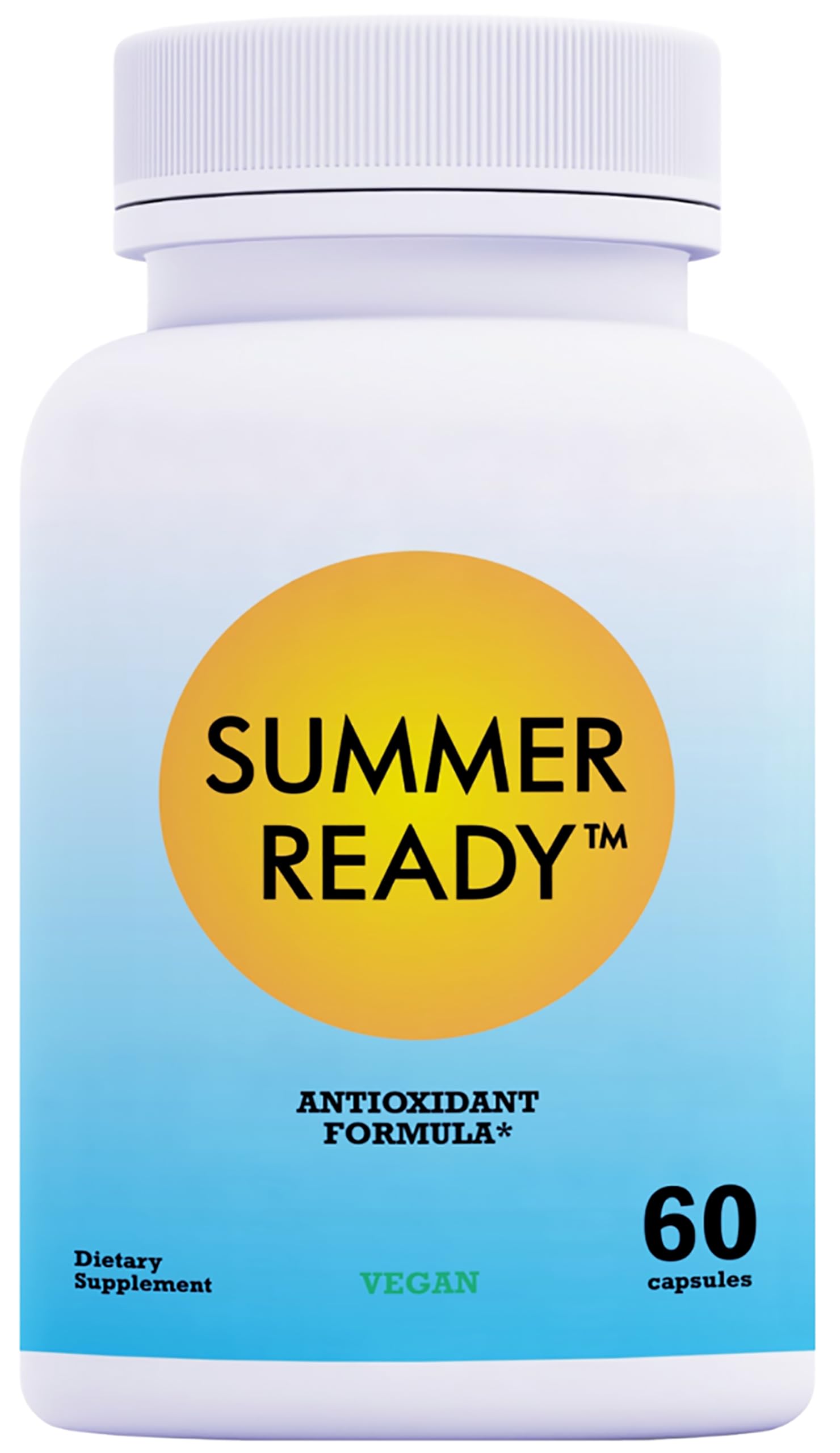 Summer Ready bottle with pills, showcasing vegan daily skin care.