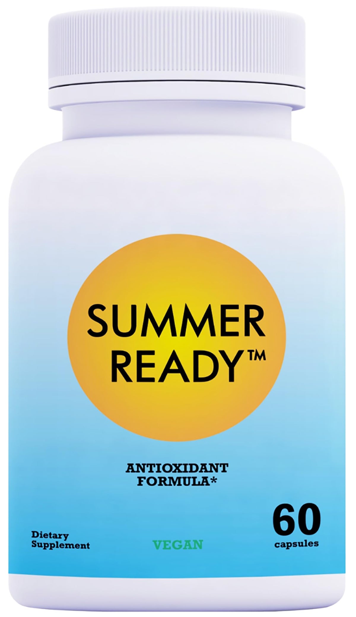 Summer Ready bottle with pills, showcasing vegan daily skin care.