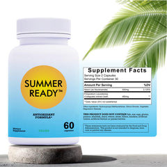 Summer Ready label closeup highlights 500mg niacinamide and fern extract.