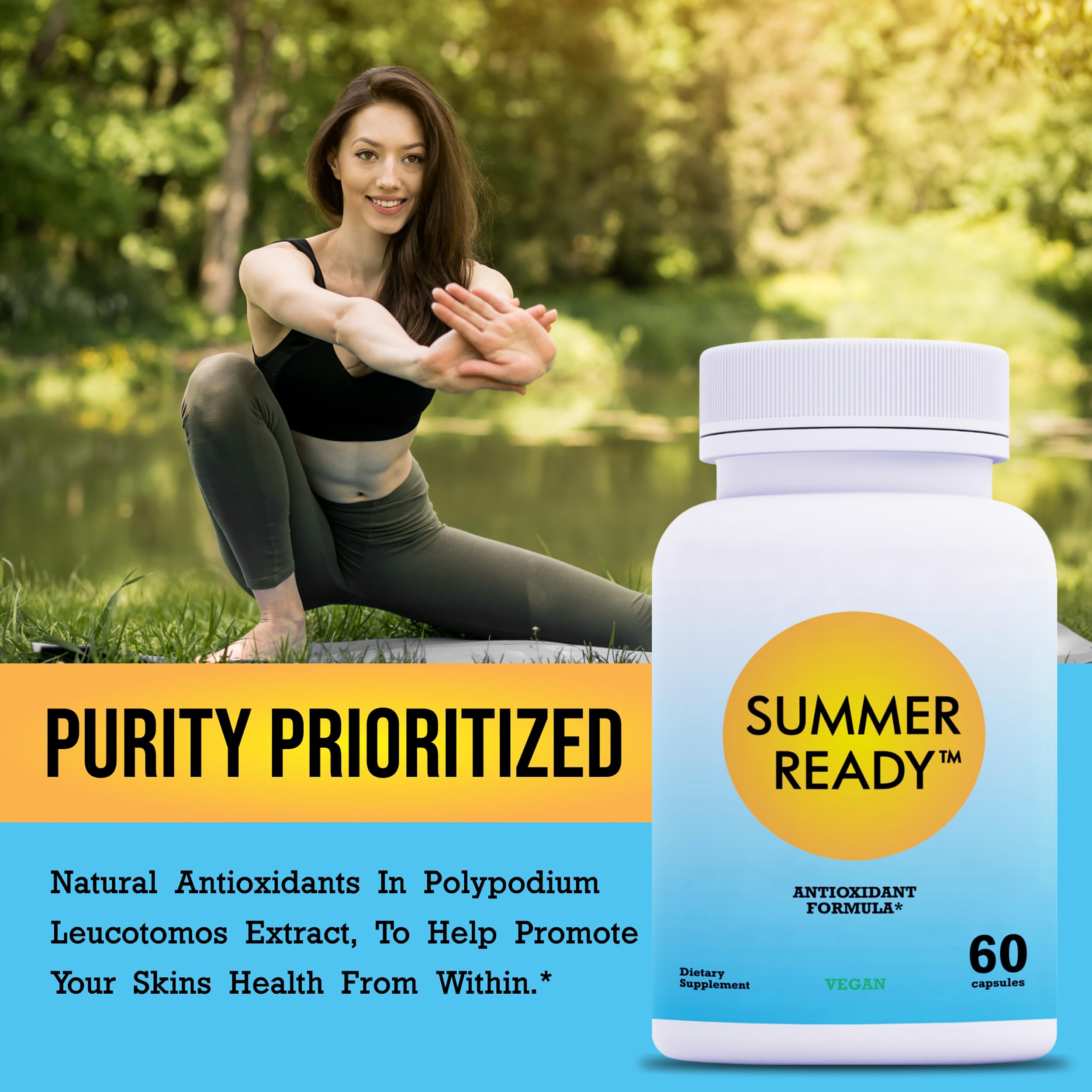 Summer Ready scene with capsules and a glass of water.