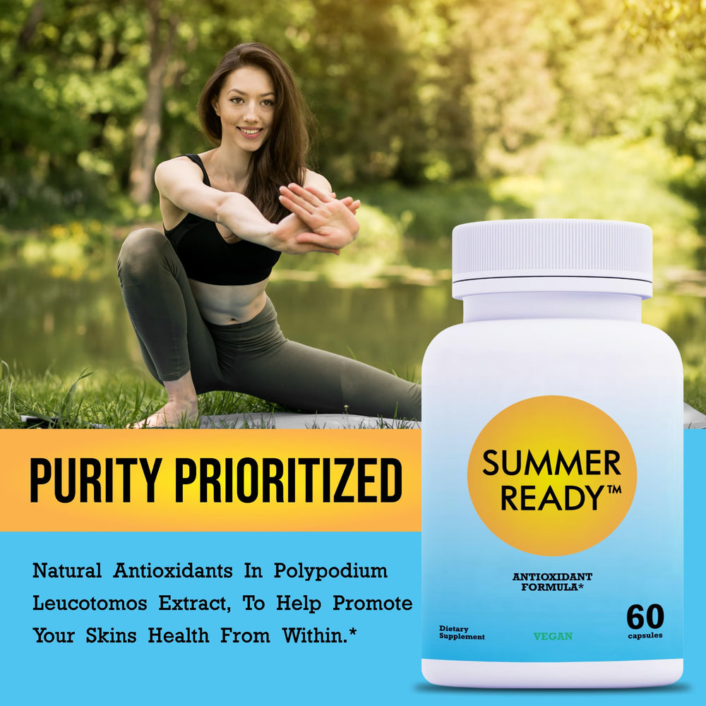 Summer Ready scene with capsules and a glass of water.