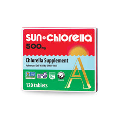 Sun Chlorella 500mg bottle front with daily energy-support tablets.