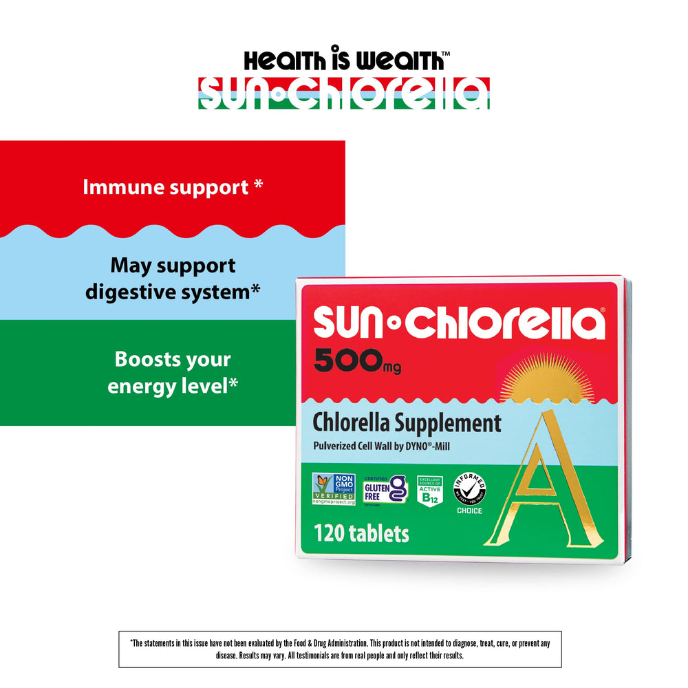 Sun Chlorella 500mg bottle pours into a glass of water for hydration.